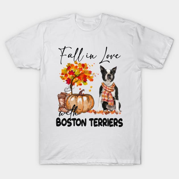 Black Boston Terrier Fall In Love Scarf T-Shirt by Los Draws